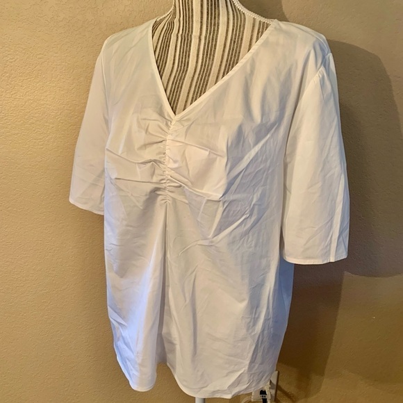 NEW Liz Claiborne Top XXL White Short Sleeves Ruching V-Neck Cotton Nylon Spandx - Picture 6 of 13